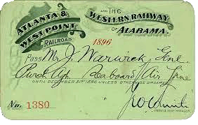 Vintage Train Ticket, Atlanta and Westpoint Railroad, The Western Railway of Alabama, 1896