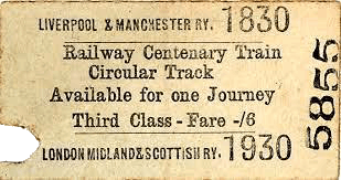 Liverpool & Manchester Ry., Railway centenary Train, Circular Track, Third Cass Fare, London, Midland and Scottish Railway 1830-1930