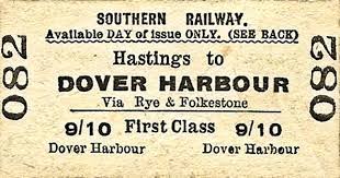Vintage Train Ticket, Southern Railway, Hastings to Dover Harbour via Rye and Folkestone