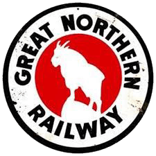 Antique Great Northern Railway sign with goat in red and white vintage