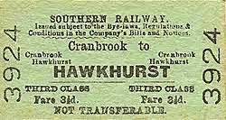 Vintage Train Ticket, Southern Railway, Cranbrook to Hawkhurst 