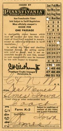 Vintage Train Ticket, Pennsylvania Railroad Company, Des Moines to Ames Iowa, Coach 