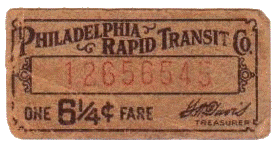 Vintage Train Ticket, Philadelphia Rapid Transit Co., One 6-1/4 Cents Fare 