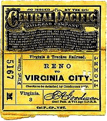 Vintage Train Ticket, Central Pacific Railroad Company, Virginia & Truckee Railroad, Reno to Virginia City