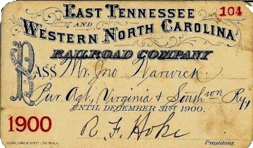 Vintage Train Ticket, East Tennesee, Western North Carolina Railroad Company, December 1900 