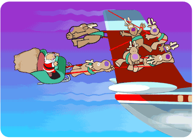santa and reindeer caught on airplane tail in mid-air