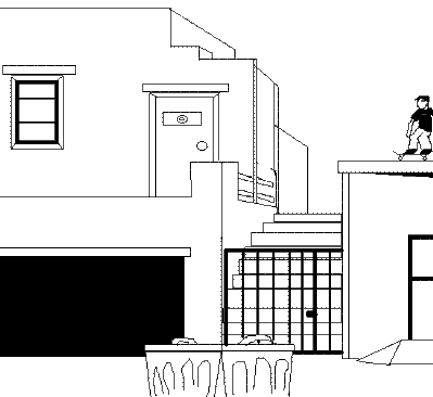 Animated gif line drawing of a skateboarder jumping from roof to roof