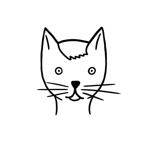 Line drawing, animated gif, a cat getting its whiskers trimmed by a pair of floating scissors